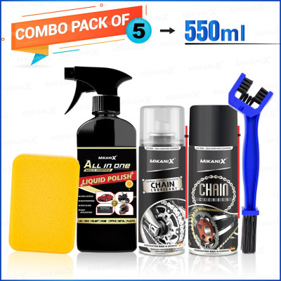MIKANIX Combo Of Chain Lubricant + Chain Cleaner + Bike & Car Polish With Cleaning Brush Cleans | Shines & Protects Chain | Car Dashboard Interior & Exterior Cleaning | Chain Oil(550 ml, Pack of 5)