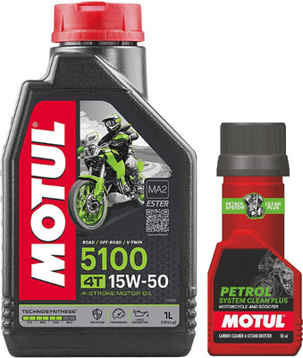 MOTUL 5100 4T 15W50 Engine Oil 1-L For Bike With Petrol System Clean 50ml Combo 15W50 Full-Synthetic Engine Oil(1 L, Pack of 2)