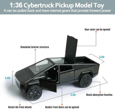 YZMODEL Tesla Cyber Truck Die-Cast 1:32 | Metal Pull Back Openable Door Light & Sound(Black, Pack of: 1)
