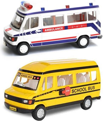 Sani International Toy Mall Plastic Pull Back Ambulance Car & School bus for kids(Yellow, White, Pack of: 2)