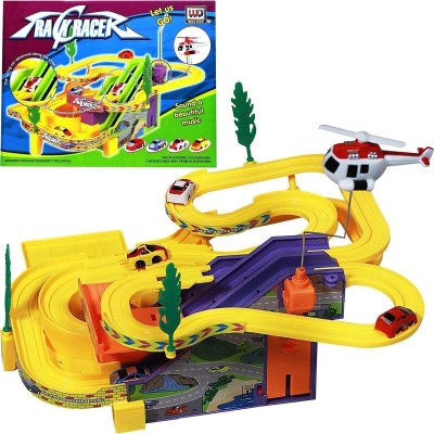 mega star Track Racer Racing Car Set with 4 Miniature Cars Rotating Helicopter(multiciolor, Pack of: 1)