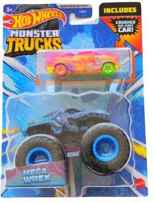 HOT WHEELS MONSTER TRUCKS MEGA WREX INCLUDES CRUSHED DIE CAST CAR