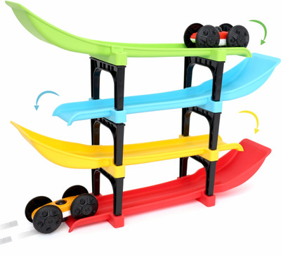 Aditi Toys Plastic Ramp Racer Car Toy with 2 Mini Big Wheel Cars with 6 Stands(Multicolor, Pack of: 1)