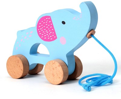 Intellibaby Wooden Pull Along Elephant Toy with Attached String | Encourage Kids to Walk(Blue, Pack of: 1)