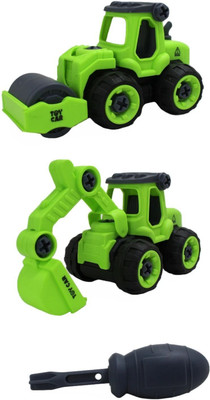 neoinsta shopping 2pc combo road roller and excavator with a screw driver (Green color)(Green, Pack of: 1)