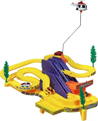 Bunnys Toy Mart Track Racer Racing Car Set with 4 Miniature Cars Helicopter&Thrilling Multi(Multicolor)
