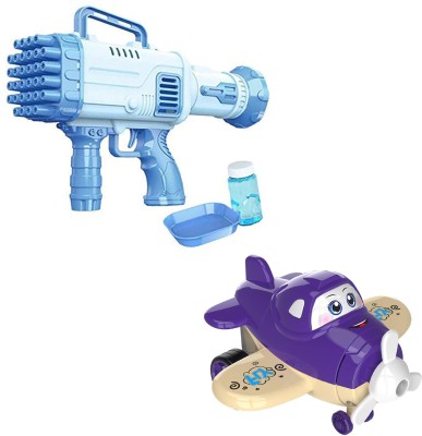 Toy DEKHO Combo Super Socket 32 Holes Blue Bubble Gun and Cartoon Robot Plane Friction Toy(Multicolor, Pack of: 1)