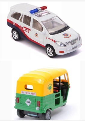 viaan world Combo Pack Of PULLBACK Centy ( Police chase Innova Car & CNG Auto ) Toy(White, Green, Yellow, Multicolor, Pack of: 2)