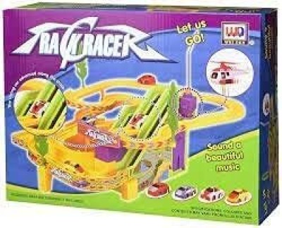 WONDER CREATURES Track Racer Racing Car Set with 4 Miniature Cars Rotating Helicopter(Multicolor)