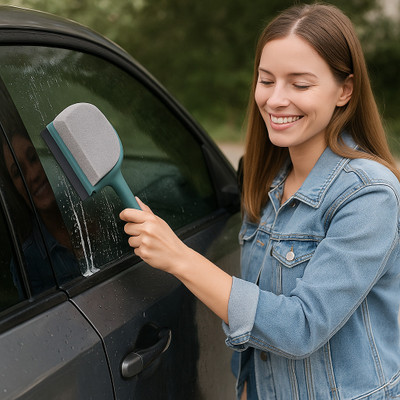 HomeHunt Green Car Glass Cleaner Tool with Handle – 2-in-1 Scrub Sponge & Squeegee Wiper Solid Handheld Vehicle Glass Cleaner(1 ml)