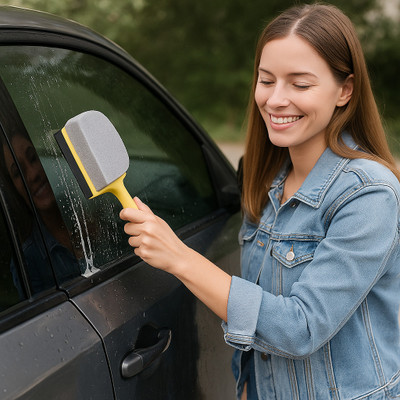 HomeHunt Yellow Car Glass Cleaner Tool with Handle – 2-in-1 Scrub Sponge & Squeegee Wiper Solid Handheld Vehicle Glass Cleaner(1 ml)