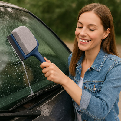 HomeHunt Blue Car Glass Cleaner Tool with Handle – 2-in-1 Scrub Sponge & Squeegee Wiper Solid Handheld Vehicle Glass Cleaner(1 ml)
