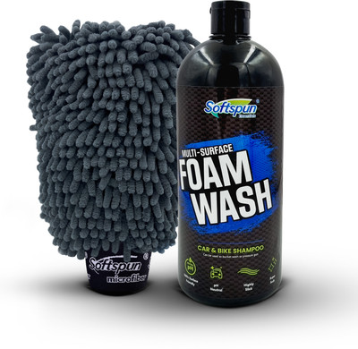 SOFTSPUN Essentials 1pcs 1700gsm Double Side Glove Grey + 1Ltr Car & Bike Premium Shampoo Car Washing Liquid(1000 ml)