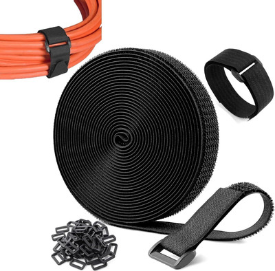 Whipbird 5M Adjustable Cable Straps with 25 Buckles, Cut-to-Length Stick-on Velcro(Black)