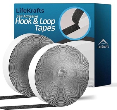 Lifekrafts (Velcro) Strong Glue Self Adhesive Hook & Loop Tape (2M*25mm, Black), Adhesive Back Mounting Tape Used for Home, Office, Stationary, Pictures, Tools, Schools etc Stick-on Velcro(Black)