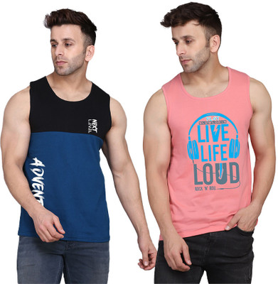 SLOWLORIS Printed Men Round Neck Pink, Black, Dark Blue T-Shirt