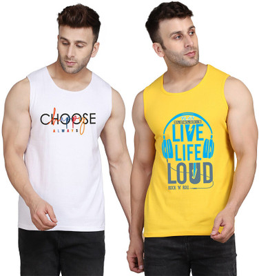 SLOWLORIS Printed Men Scoop Neck Yellow, White T-Shirt