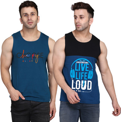 SLOWLORIS Printed, Colorblock Men Round Neck Black, Dark Blue T-Shirt