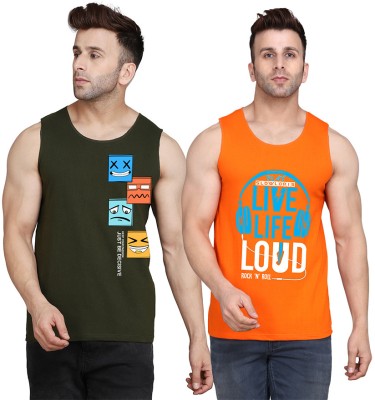 TEEFOX Printed Men Scoop Neck Orange, Dark Green T-Shirt