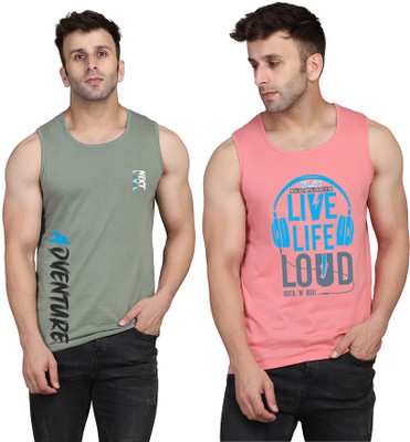 SLOWLORIS Printed Men Scoop Neck Pink, Light Green T-Shirt