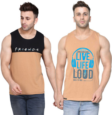 SLOWLORIS Printed Men Round Neck Beige, Black T-Shirt