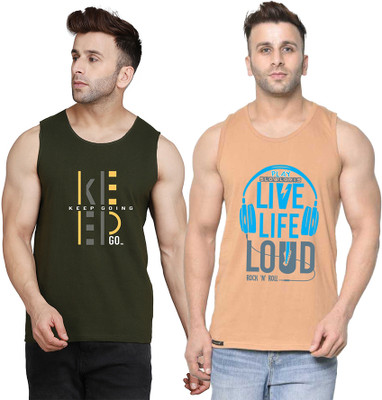 SLOWLORIS Printed Men Round Neck Beige, Dark Green T-Shirt