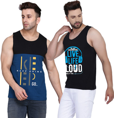 SLOWLORIS Printed, Typography Men Scoop Neck Black, Dark Blue T-Shirt