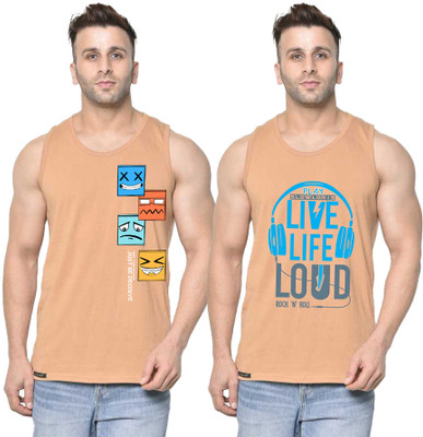 SLOWLORIS Printed Men Round Neck Beige T-Shirt