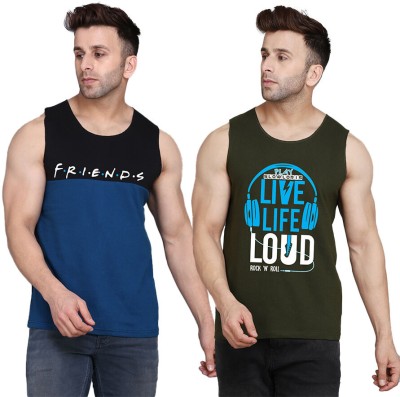 SLOWLORIS Printed Men Scoop Neck Dark Green, Black, Dark Blue T-Shirt