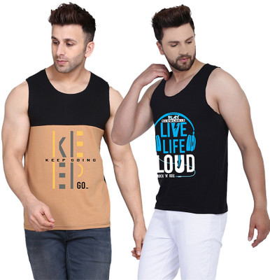 SLOWLORIS Printed Men Scoop Neck Black, Beige T-Shirt