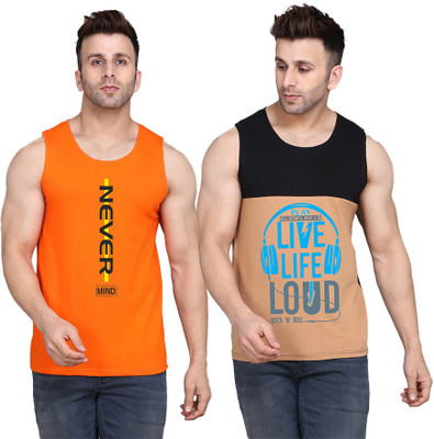 SLOWLORIS Printed Men Scoop Neck Black, Beige, Orange T-Shirt