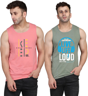 SLOWLORIS Typography Men Round Neck Light Green, Pink T-Shirt