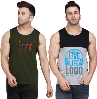 SLOWLORIS Printed, Colorblock Men Round Neck Black, Grey, Dark Green T-Shirt