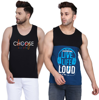 TEEFOX Printed Men Round Neck Black, Dark Blue T-Shirt