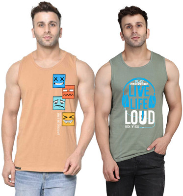 SLOWLORIS Printed Men Scoop Neck Light Green, Beige T-Shirt