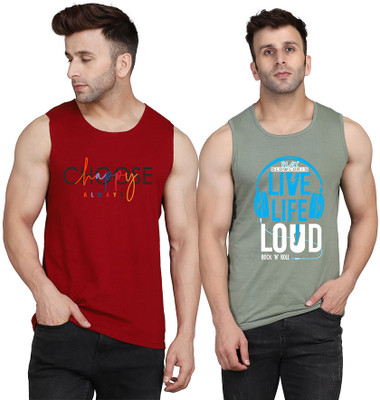 SLOWLORIS Printed Men Scoop Neck Light Green, Maroon T-Shirt