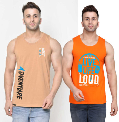 SLOWLORIS Printed Men Scoop Neck Orange, Beige T-Shirt