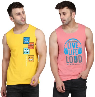 Cryptic Printed Men Scoop Neck Pink, Yellow T-Shirt