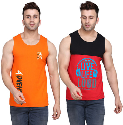SLOWLORIS Printed Men Scoop Neck Black, Red, Orange T-Shirt