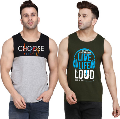 SLOWLORIS Printed Men Scoop Neck Dark Green, Black, Grey T-Shirt