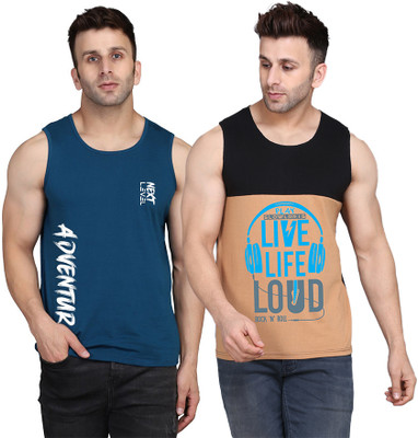 SLOWLORIS Printed Men Round Neck Black, Beige, Dark Blue T-Shirt