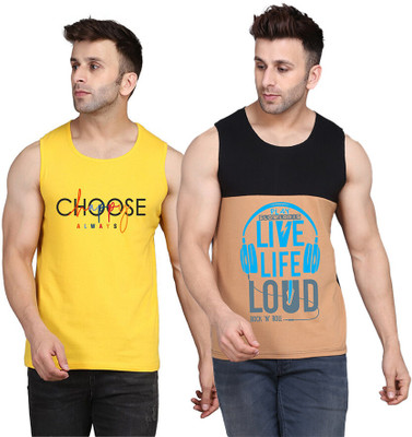 SLOWLORIS Printed Men Scoop Neck Black, Beige, Yellow T-Shirt