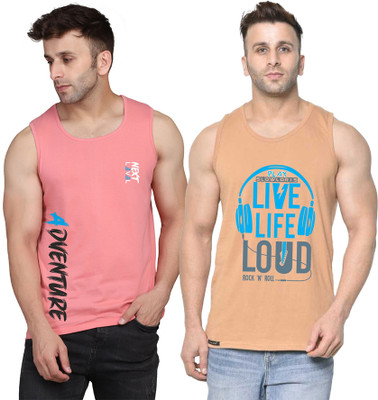 SLOWLORIS Printed Men Scoop Neck Beige, Pink T-Shirt