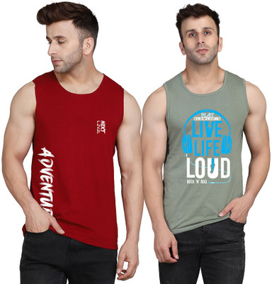 SLOWLORIS Printed Men Scoop Neck Light Green, Maroon T-Shirt