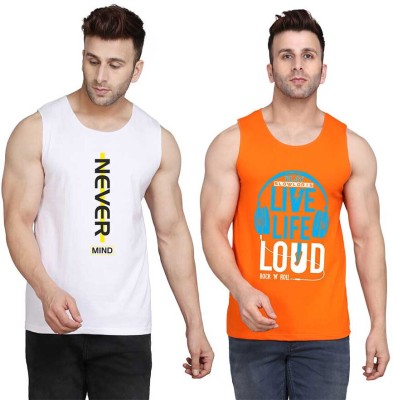 SLOWLORIS Printed Men Scoop Neck Orange, White T-Shirt