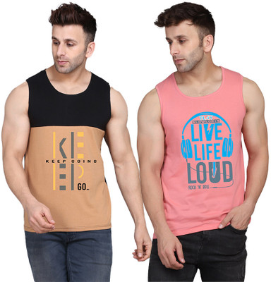 SLOWLORIS Printed Men Scoop Neck Pink, Black, Beige T-Shirt