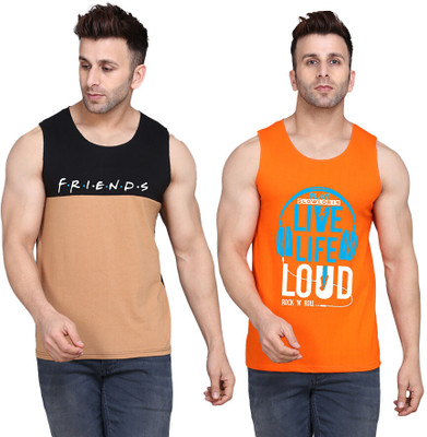 SLOWLORIS Printed Men Scoop Neck Orange, Black, Beige T-Shirt