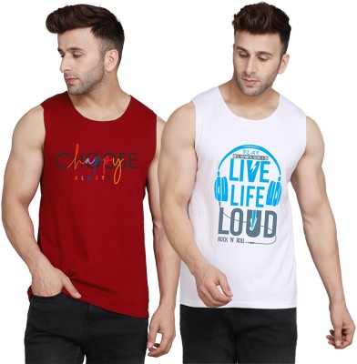 SLOWLORIS Printed Men Scoop Neck White, Maroon T-Shirt