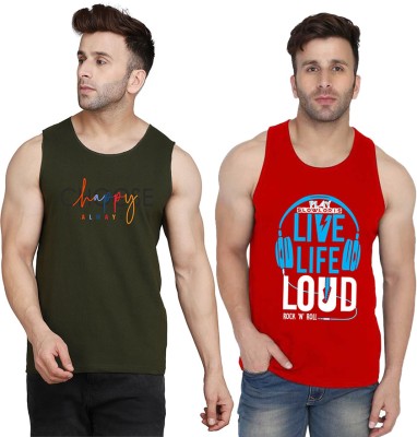 Cryptic Printed Men Scoop Neck Red, Dark Green T-Shirt