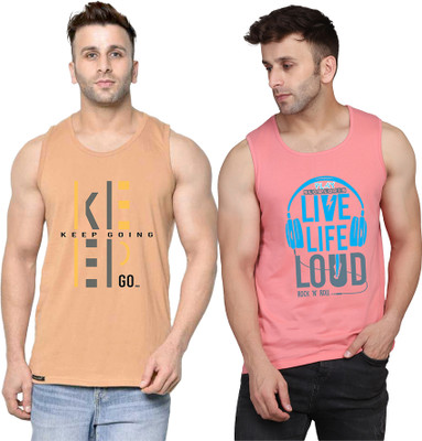 SLOWLORIS Printed Men Round Neck Pink, Beige T-Shirt